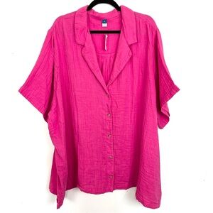 NWT Old Navy Cotton Gauze Button Down Shirt Bright Pink Short Sleeve 4X